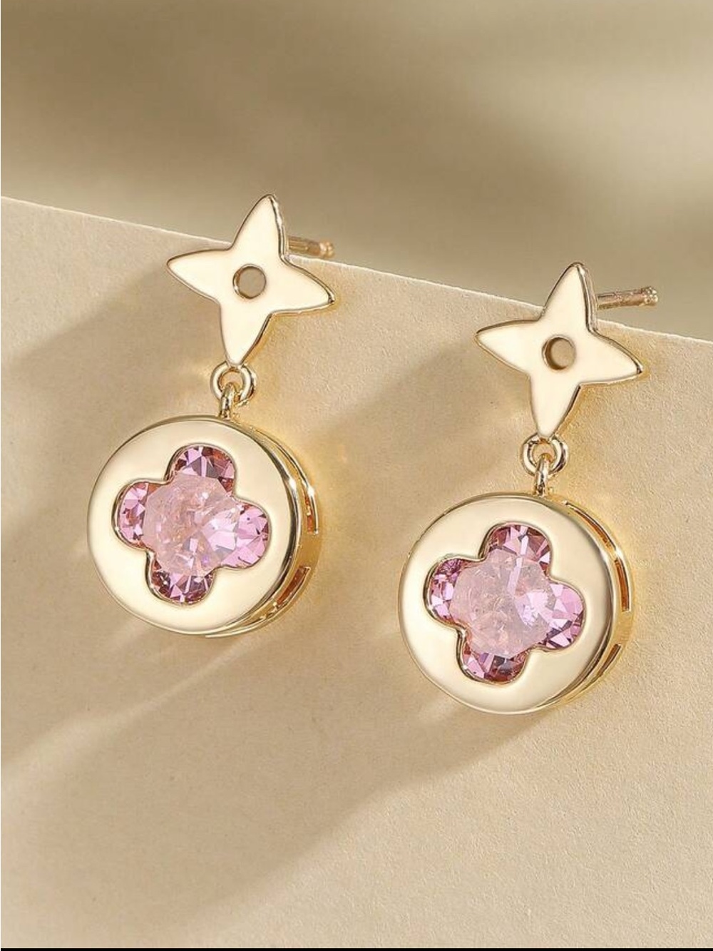 Gold-Tone Drop Earrings with Pink Crystal Accents